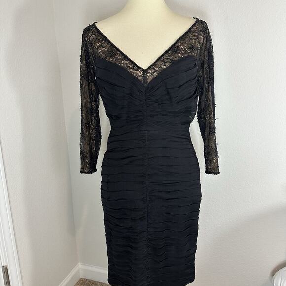 Tadashi Off Shoulder Silk Black Long Sleeve Cocktail Midi Dress Sz 10 Illusion - Picture 4 of 11